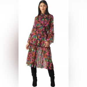 NWT Misa Los Angeles Merce Ruffle Neck Floral Tiered Midi Dress,Size-Medium